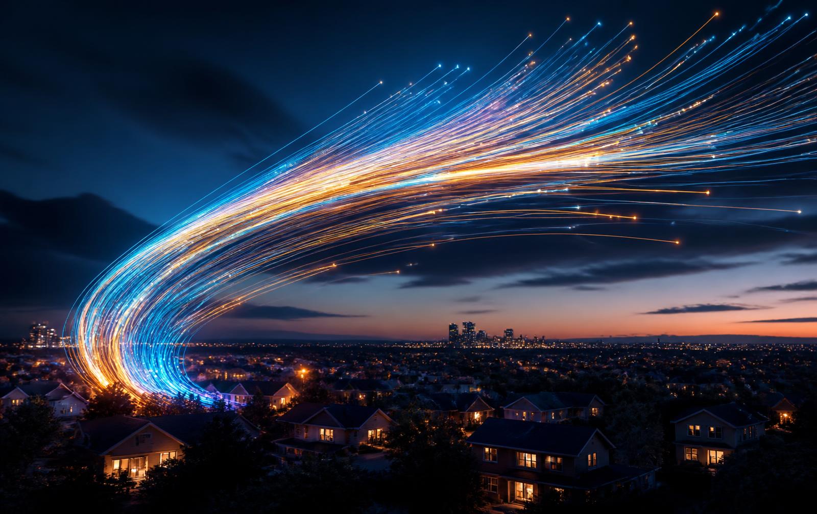 Fiber-optic light trails arcing over an American suburb at dusk